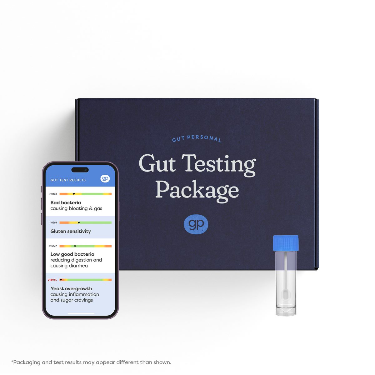 The GutPersonal Gut Testing Package: kit box, collection vial, and results on your phone